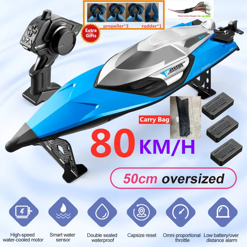 80KM/H High Speed 50CM Big 200M Remote Control Ship Boat Rowing Waterproof Capsize Reset RC Racing Boat Speedboat Add Carry Bag