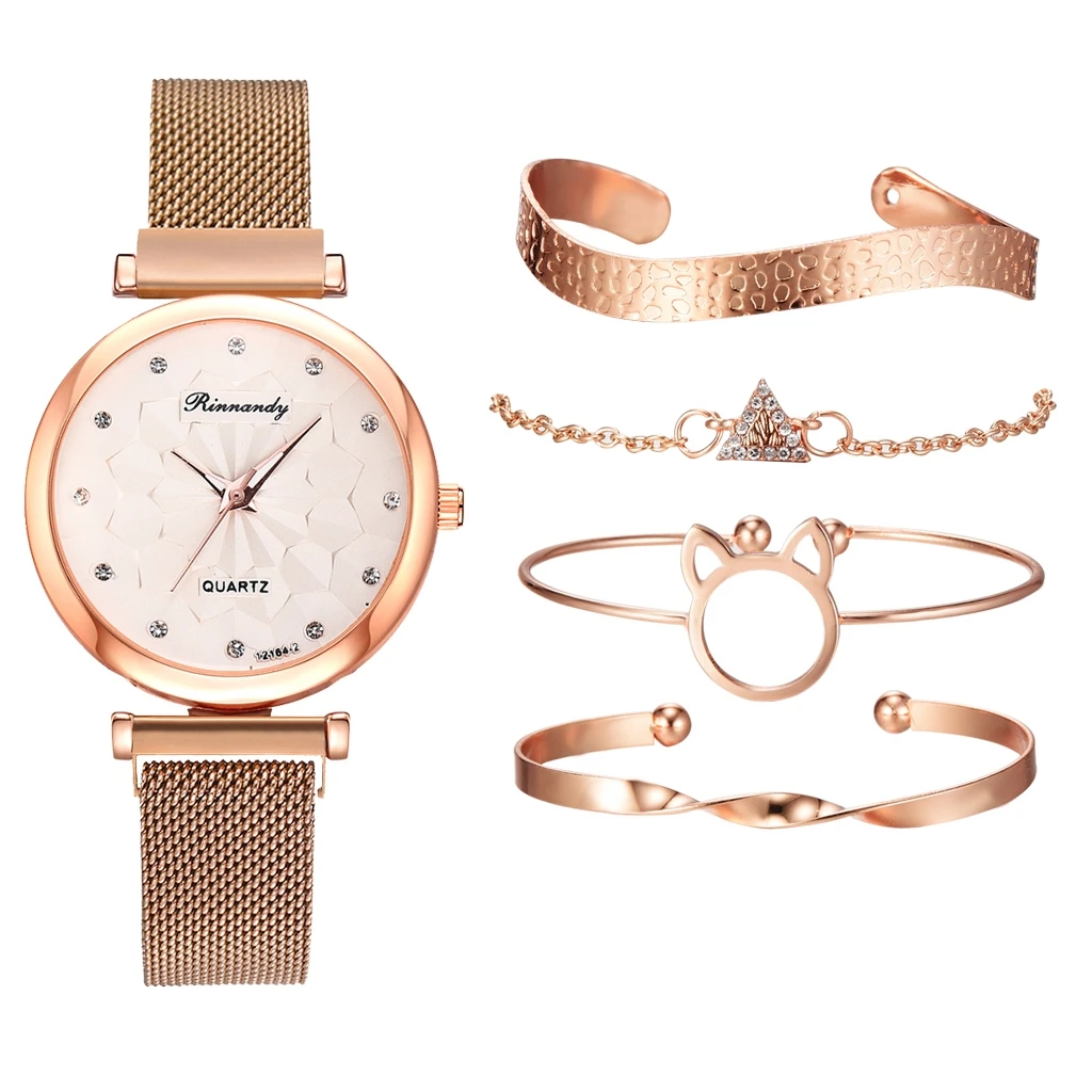 

5PCSBracelet Watches Set Simple Women Rose Gold Mesh Belt Wristwatches Quartz Watch ladies Business dress Clock Relogio Feminino