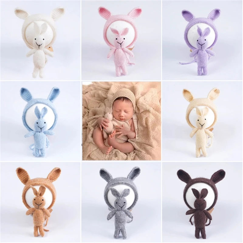 

2 Pcs Newborn Photography Props Baby Cute Ears Hat Doll Set Knitted Beanies G99C