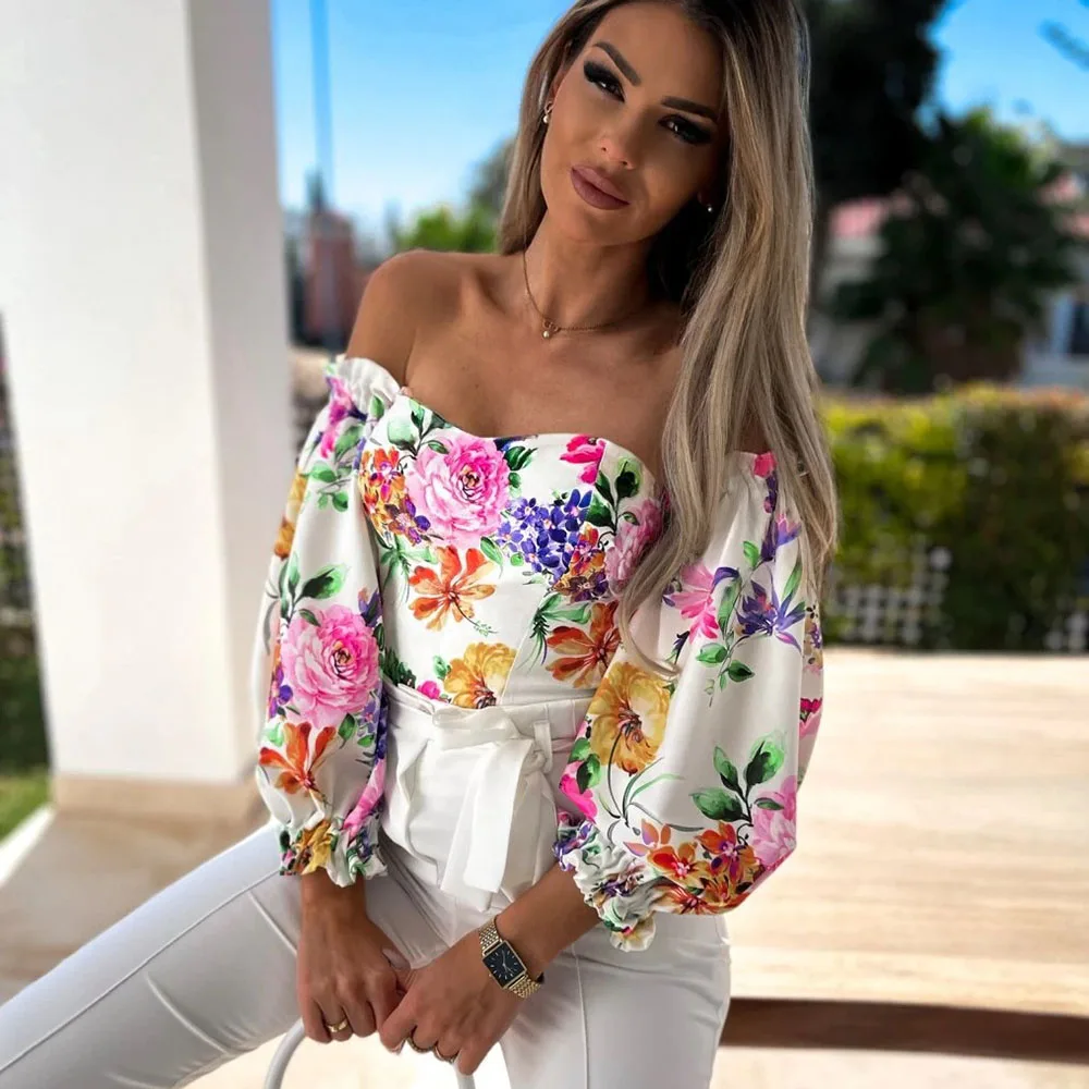 

Женская летняя блузка с открытыми плечами и цветочным принтом, повседневная богемная блузка с открытой спиной, топы с вырезом лодочкой для отпуска, женская одежда, 2023