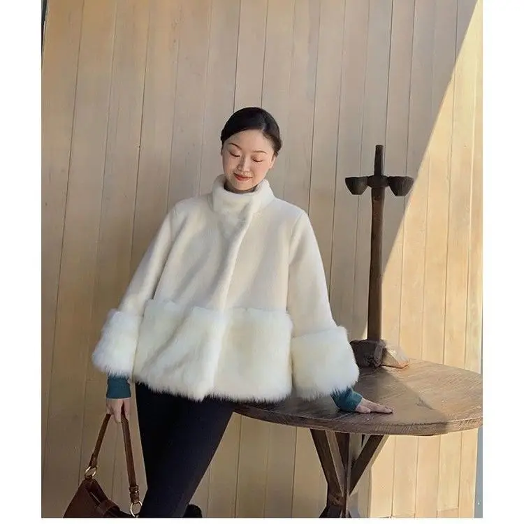 2021 New Winter Imitation Mink Fur Jacket Women Loose Fur Collar Thick Warm OverCoat Female h Mid-length Woolen Coat korean
