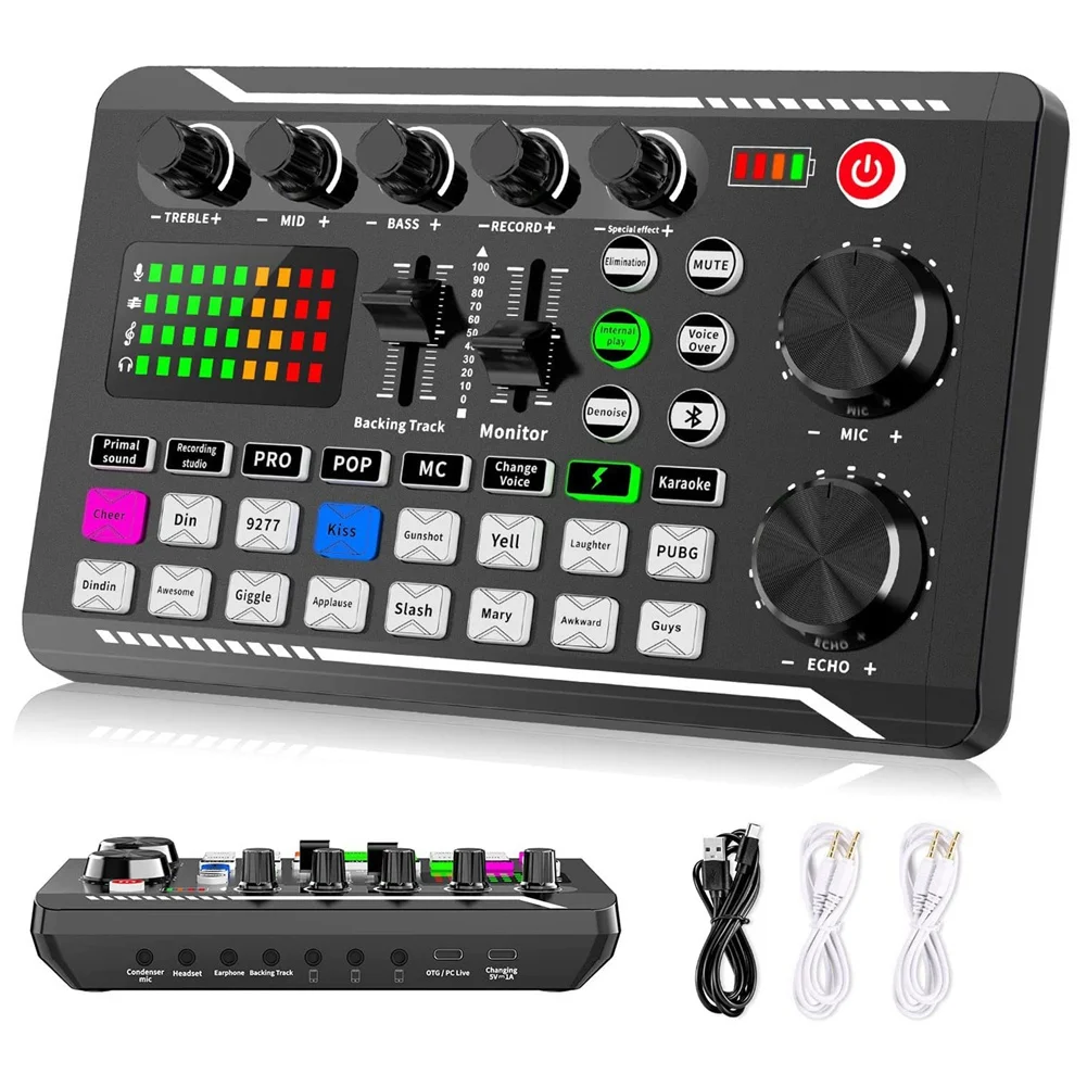 

F998 Live Sound Card Audio Mixer Podcast, Voice Changer for Sound Effects Board for Microphone Karaoke