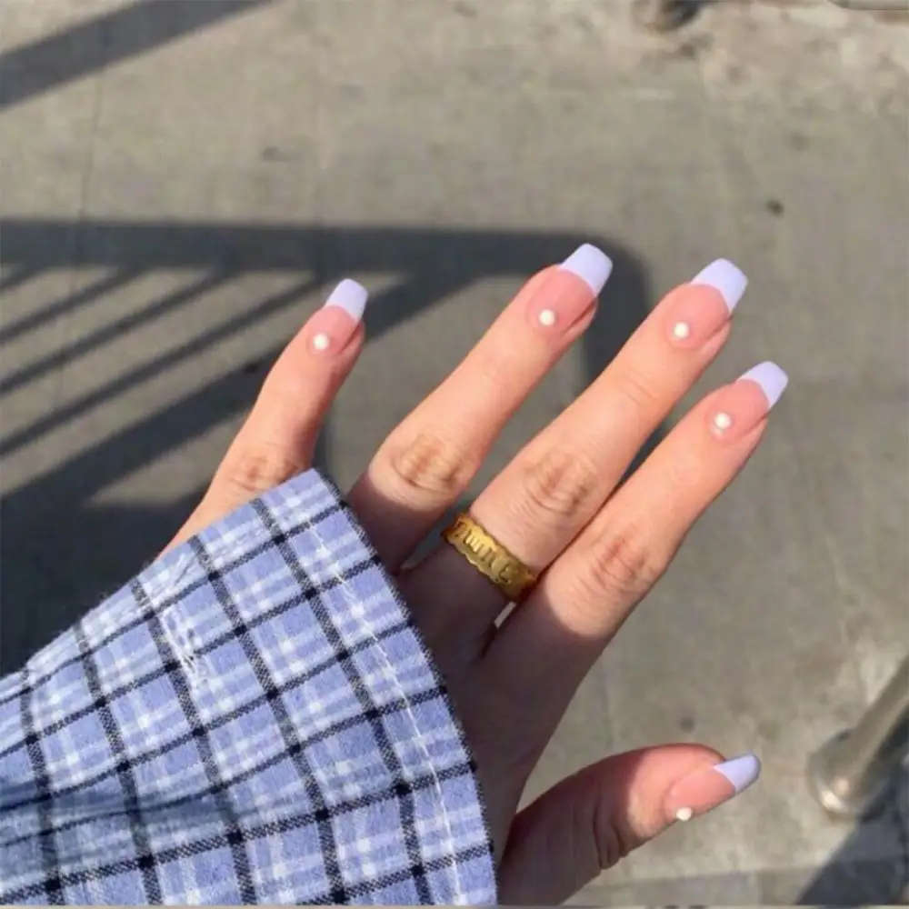 

Summer Short Natural Nude Purple French Nail Tips False Fake Nails Gel Press on Ultra Easy Wear for Home Office Wear