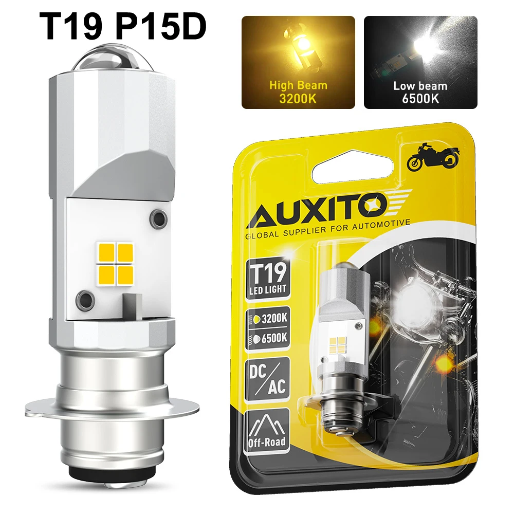 

Автомобильная фара для мотоцикла AUXITO, лампа H4, T19, P15D, светодиодный CSP, двухцветная, белого, желтого цветов, ближнего и дальнего света, для скутера, бега