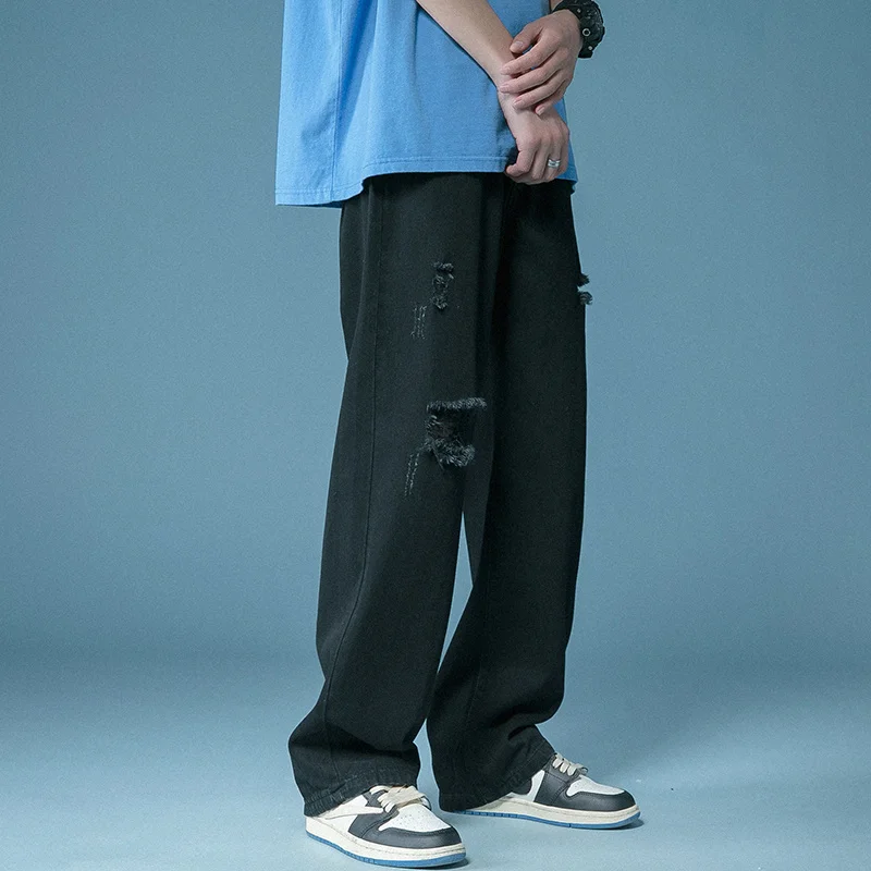 Summer Ripped Baggy Jeans Men Fashion Casual Wide Leg Jeans Street Loose Hip Hop Straight Hole Denim Pants Mens Trousers M-2XL
