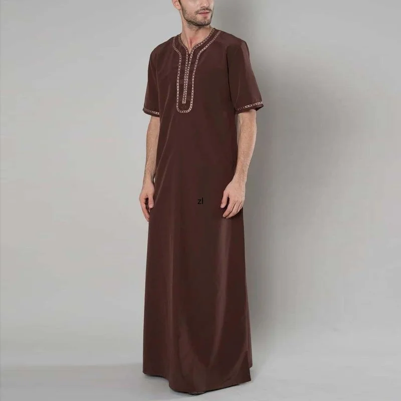 Men's Robe Dubai Muslim Embroidered Short Sleeve Comfortable Breathable Spring Summer 2022 Kaftan Moroccan Saudi Dubai Vestidos