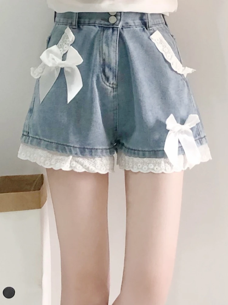 Kawaii Denim Shorts Women's Summer 2023 New Soft Girl Student Cute Bow Lace High Waist A-line Wide-leg Pants Lolita Wear