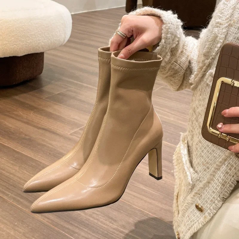 

2023 Autumn Fashion High End Pointed Toe High Heeled Boots for Women Soft Leather Slim Short Boots Women Botas Largas De Mujer