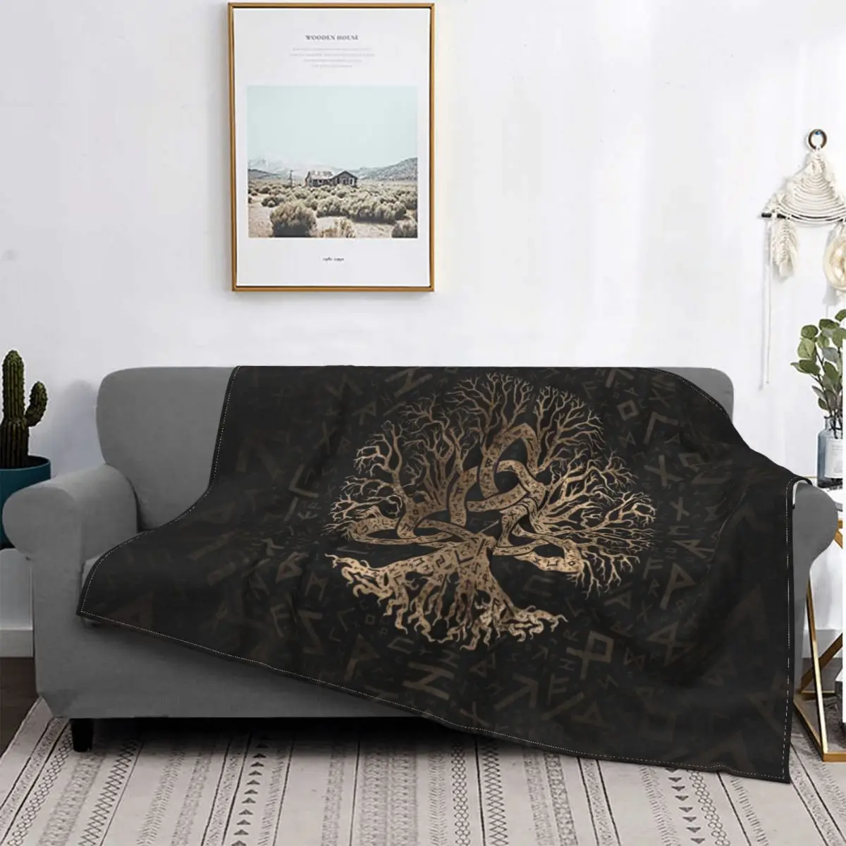 

Tree of Life with Triquetra Futhark Flannel Throw Blanket Soft Viking Norse Yggdrasil Throw Blankets for Sofa Decor Teen Gifts