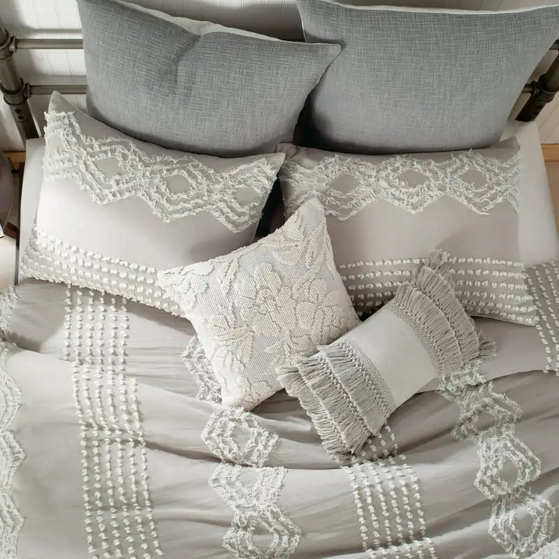 

Cut Geo 3 Piece Full/Queen Comforter Set, Grey, Cotton, Button closure, Chenille Tufted For Adults