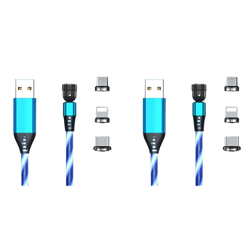 

2X LED Glow Flowing Magnetic Charger Cable Luminous Lighting Fast Charging Micro-USB Type C for Smart Phone