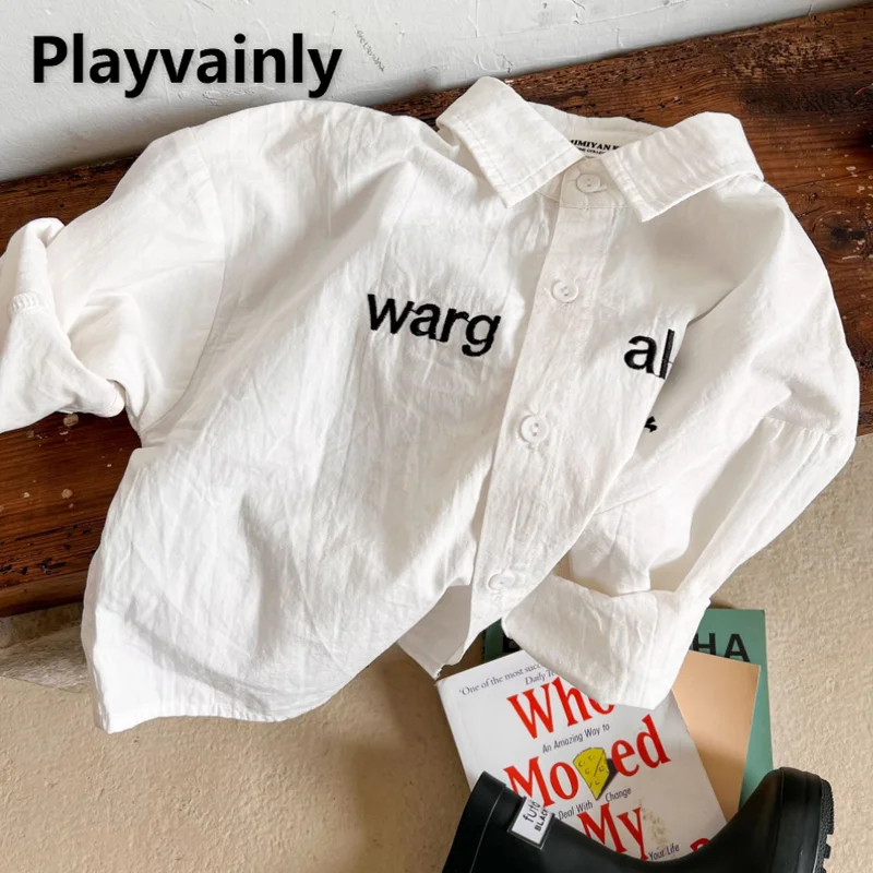 

Рубашка для мальчиков и девочек, белая Свободная блузка с длинными рукавами и отложным воротником, с надписью, корейский стиль, 2022, E022029