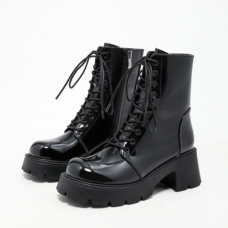 

Женские ботинки на высоком каблуке, короткие мотоциклетные ботинки в британском стиле ретро, ботинки на платформе с боковой молнией, Новинк...