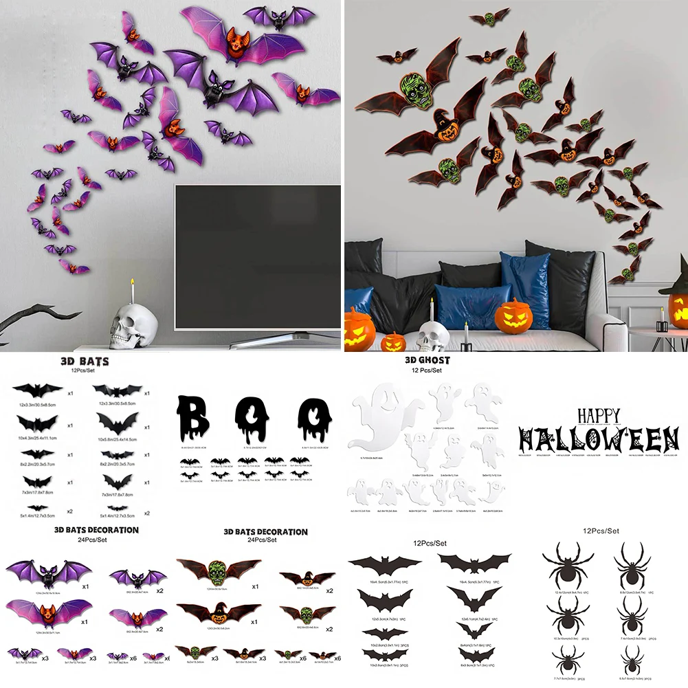

12/24pcs Halloween 3D black bat Wall Stickers Halloween party DIY decorative wall Decal Halloween horror Bats Removable stickers