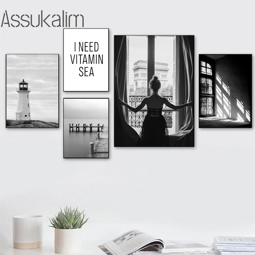 Черно-белый пейзаж художественные принты морской холст картины колеса обозрения