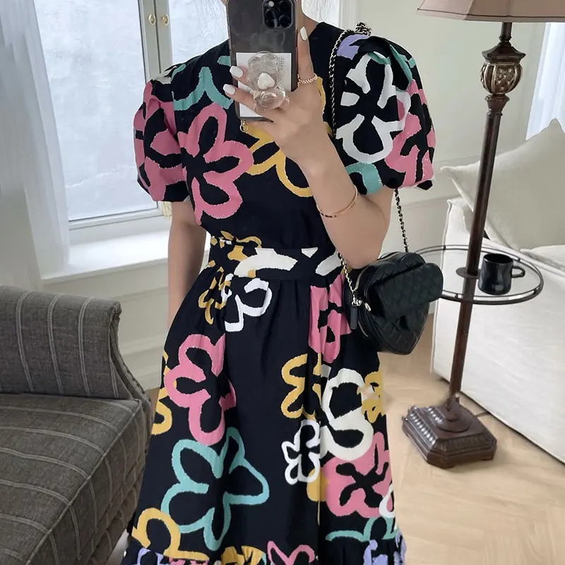 

Французское винтажное платье WDMSNA с круглым вырезом, женские платья контрастных цветов с принтом на шнуровке и тонкой талией, летнее женское платье с пышными рукавами