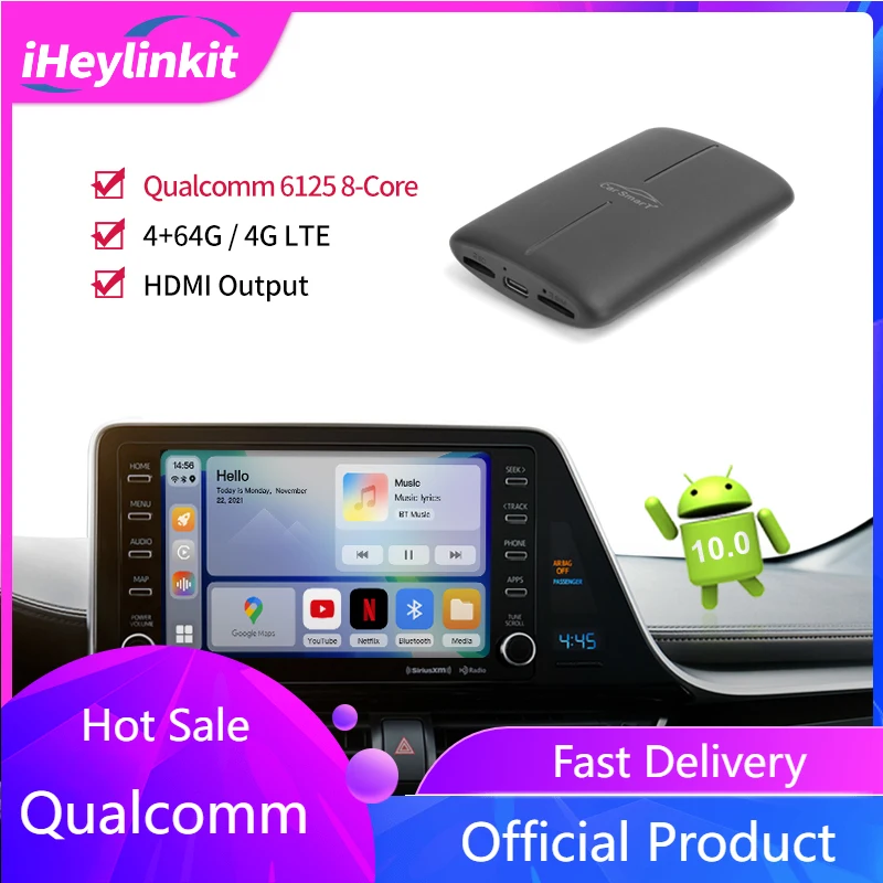 iHeylinkit Ai Box Apple Carplay Wireless Android Auto Mirror Link Qualcomm 8 Core For Netflix YouTube Google Play 4G LTE GPS iOS