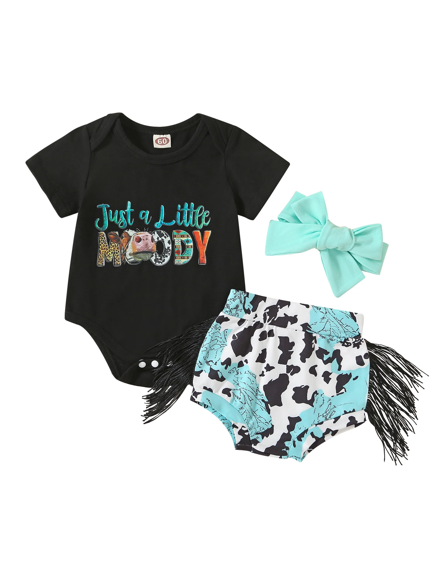 

Infant Baby Girls Summer Clothes Set Short Sleeve Letter Print Romper Cow Print Shorts Headband 3Pcs Set