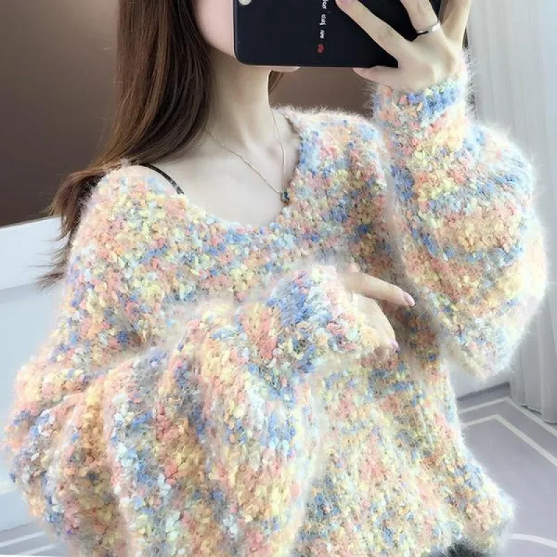 Новинка 2024 осенне-зимний пуловер с v-образным вырезом утолщенный свитер из грубой