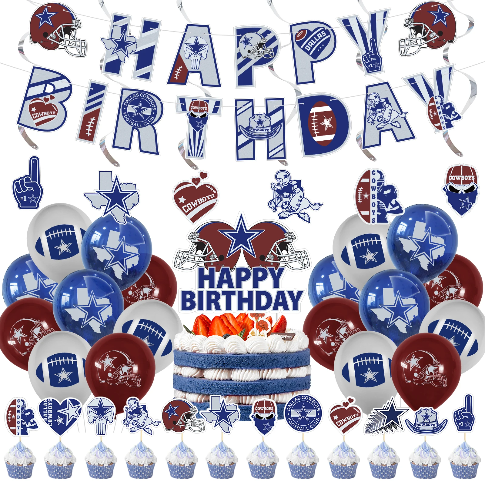 

Cheereveal Dallas Cowboys Theme Birthday Party Decorations Rugby Balloons Birthday Banner Cake Topper Football Fans Party Favor