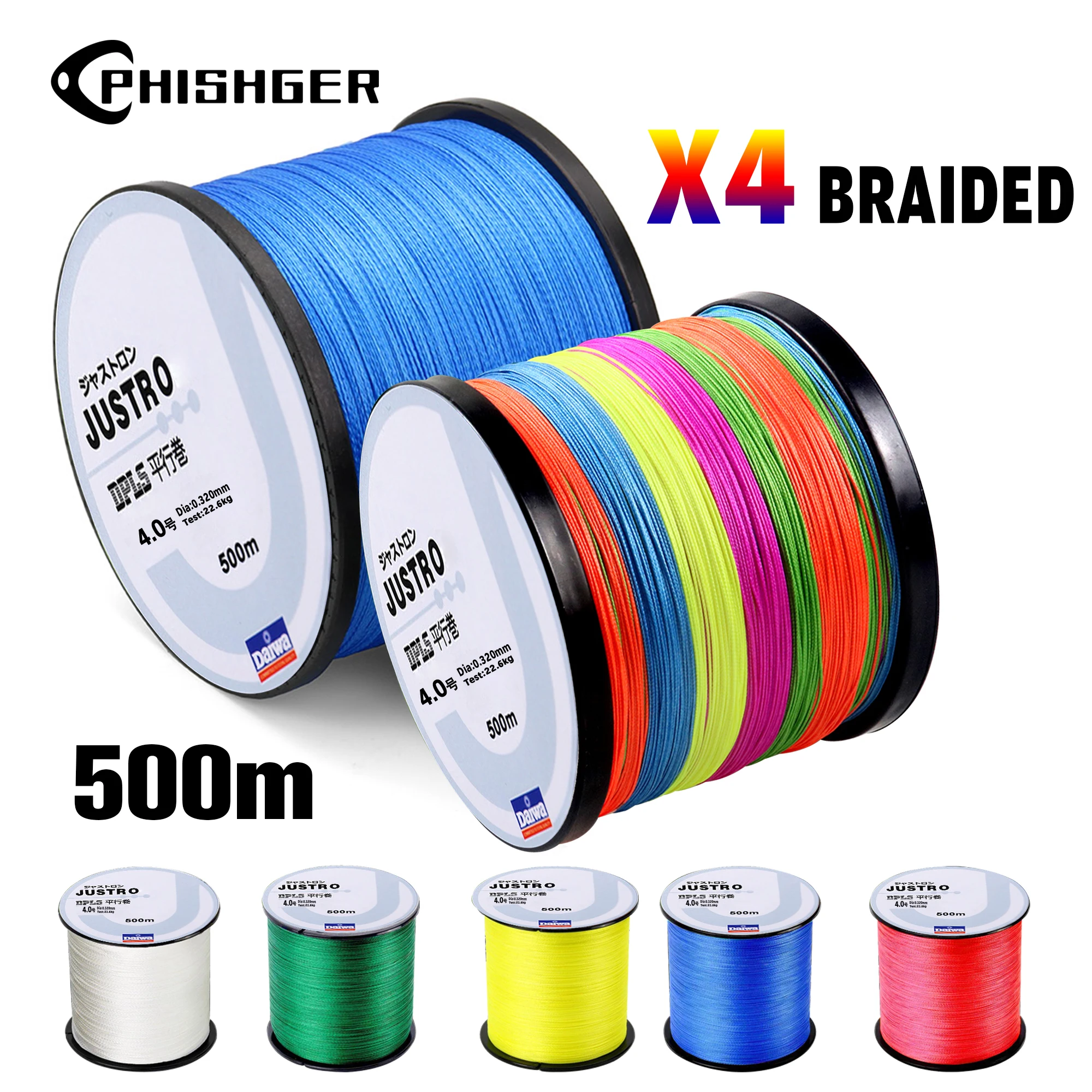 

PHISHGER 4 Strands Braided Line Multifilament 500m Japanese PE Wire Fish Accessories of Daiwa for Carp Lure Feeder Spin Fishing