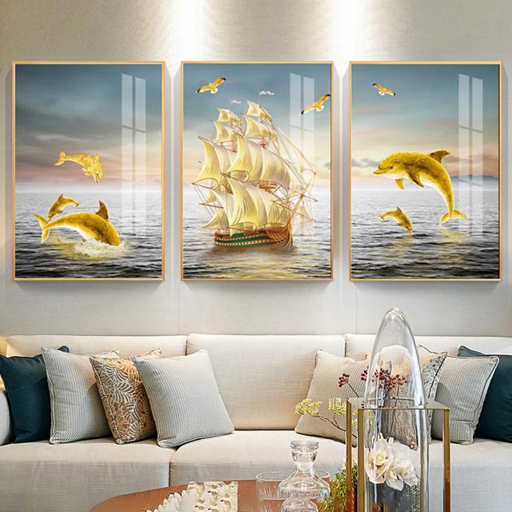 

3 шт. алмазная живопись, море, золото, дельфин, лодка, скандинавский пейзаж, декоративная 5D полная мозаика, искусственная вышивка крестиком ...
