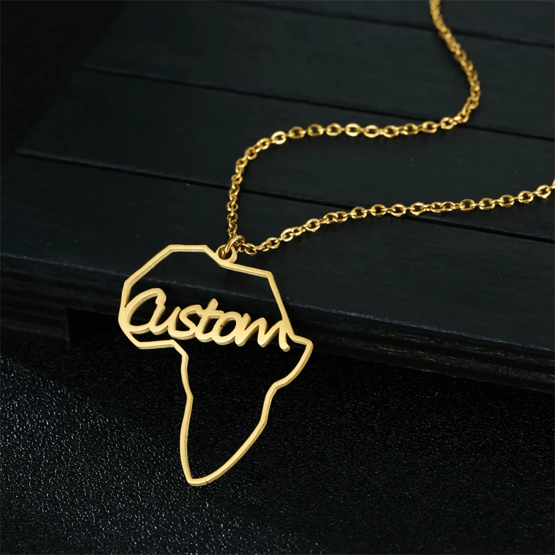 

Customize Name Africa Map Necklaces Women Girls,Gold Color Stainless Steel Custom Text Proud African Ornament