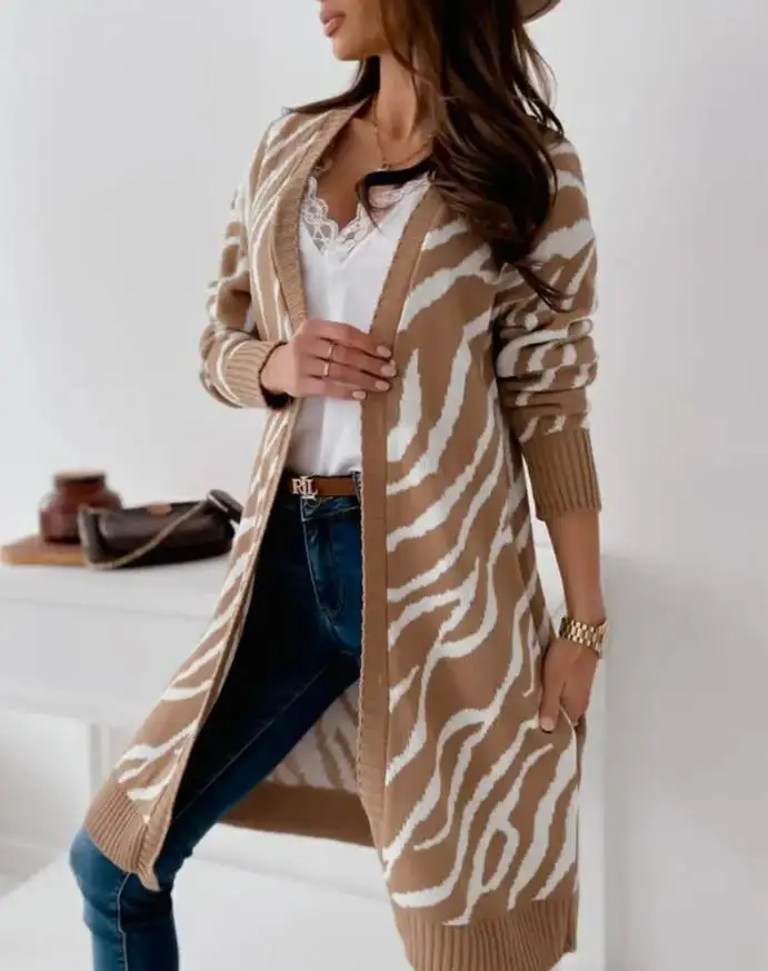 

Zebra Stripe Pattern Open Front Longline Cardigan Women's Sweater cardigan Long Style Casual Fashion Coat Winter Warm Clothes