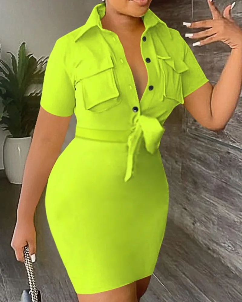 

Summer Shirt Dress Women's Solid Short Sleeve Pocket Tie Belt Wrap Hip Short Dress Elegant Slim Fit Dress Women