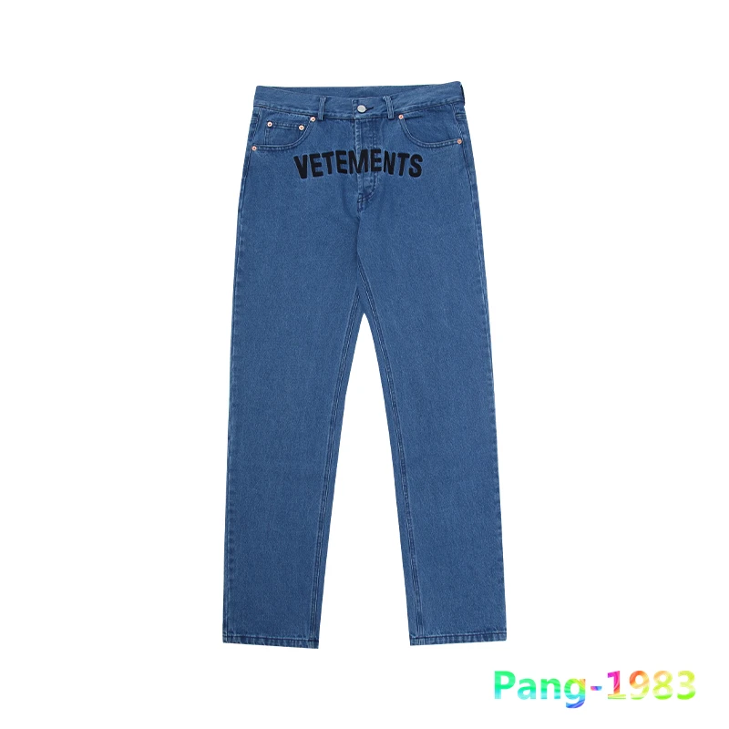 

2022 Vetements Jeans Men Women 1:1 Embroidered Loose Straight Tube Vetements Jeans Pants Vintage Washed Blue VET Trousers