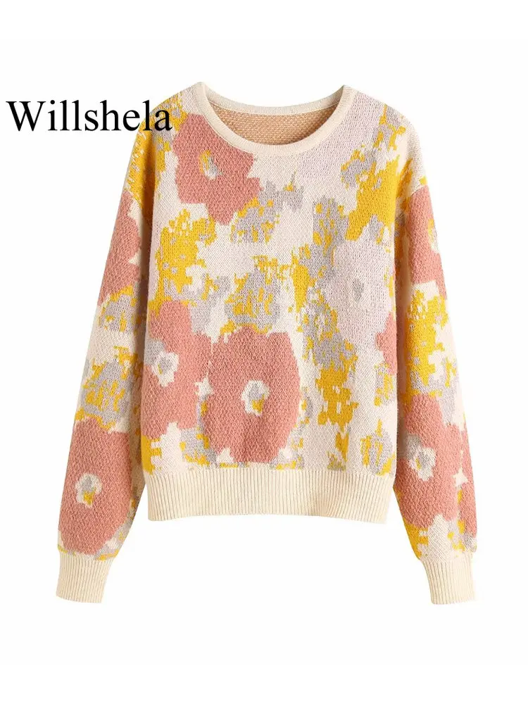 

Willshela женский модный Жаккардовый трикотажный пуловер с принтом, винтажный свитер с круглым вырезом и длинными рукавами, женские шикарные то...