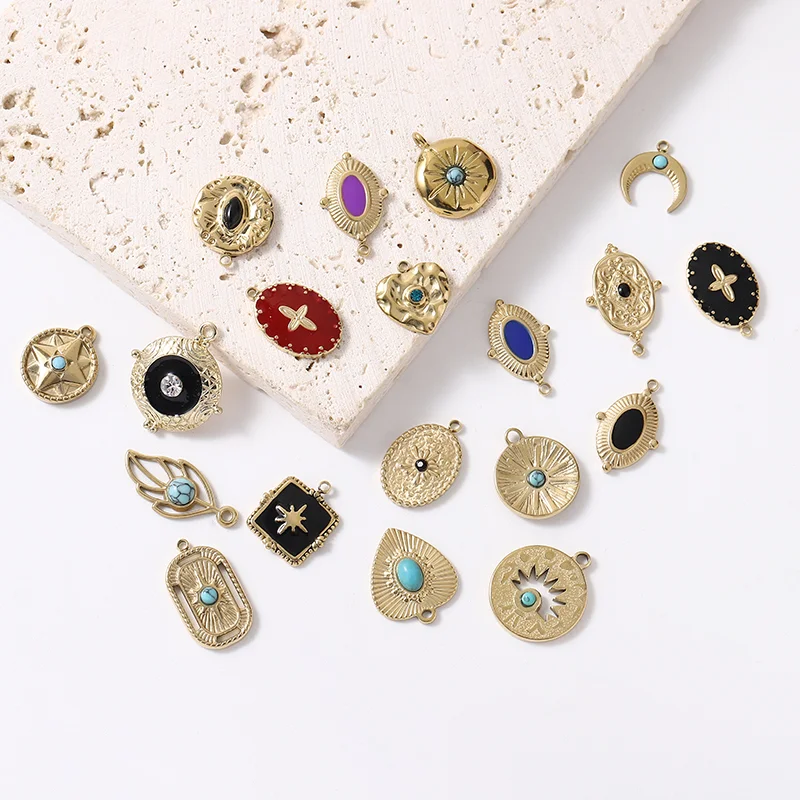 Stainless Steel Trendy Fashion Plated Gold Earring Round Charms Dangles Pendants for DIY Necklace Jewelry Making for Women