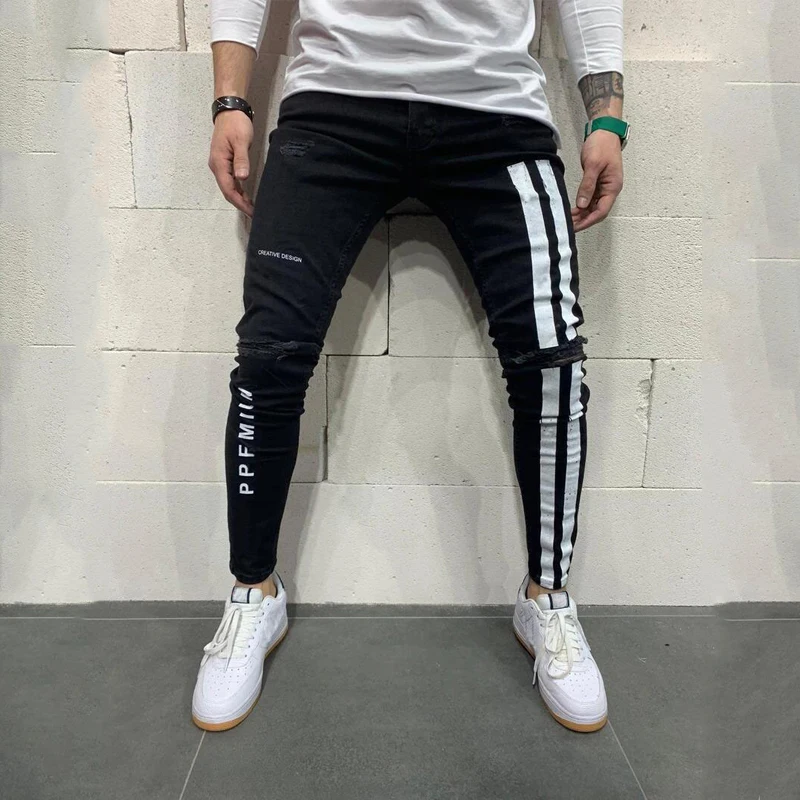 New European and American men's ripped elastic skinny jeans Trendy trousers for young students match fashion men's pants