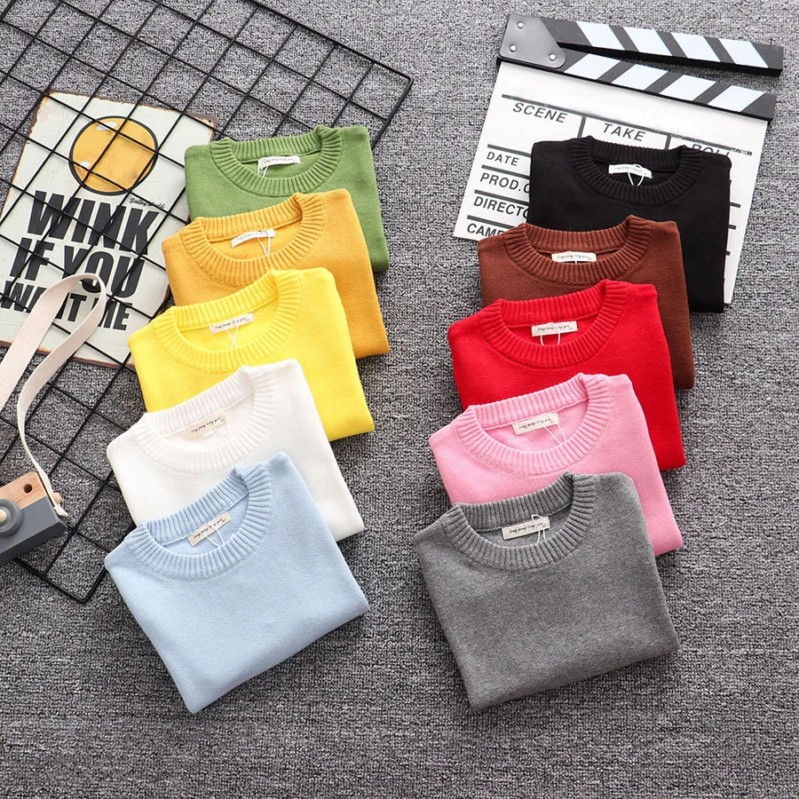 

Fall Sweater For Kids Clothes Boys Girls Knitted Pullover Casual Candy Color Ribbed O-Neck Jumper Children Knitwear Tops Black