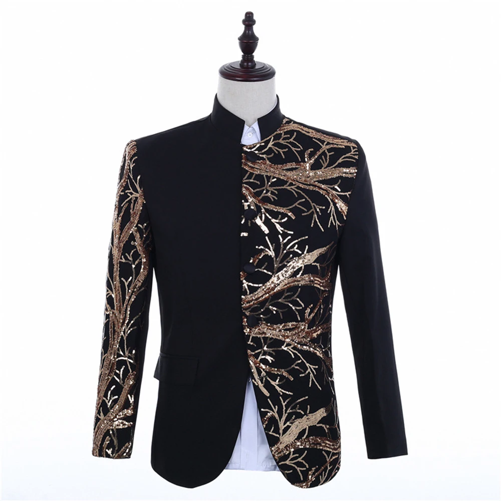 Male Stand Collar Chinese Style Sequin Slim Fit Blazer Design Red Black White Singer Stage Costume Blazer For Men Regular