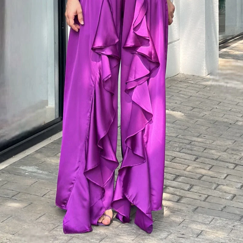 Women's V-neck Hollowed-out Three-quarter Sleeve Waistband Jumpsuit Professional Spring And Summer Purple Fashion Women's Dress