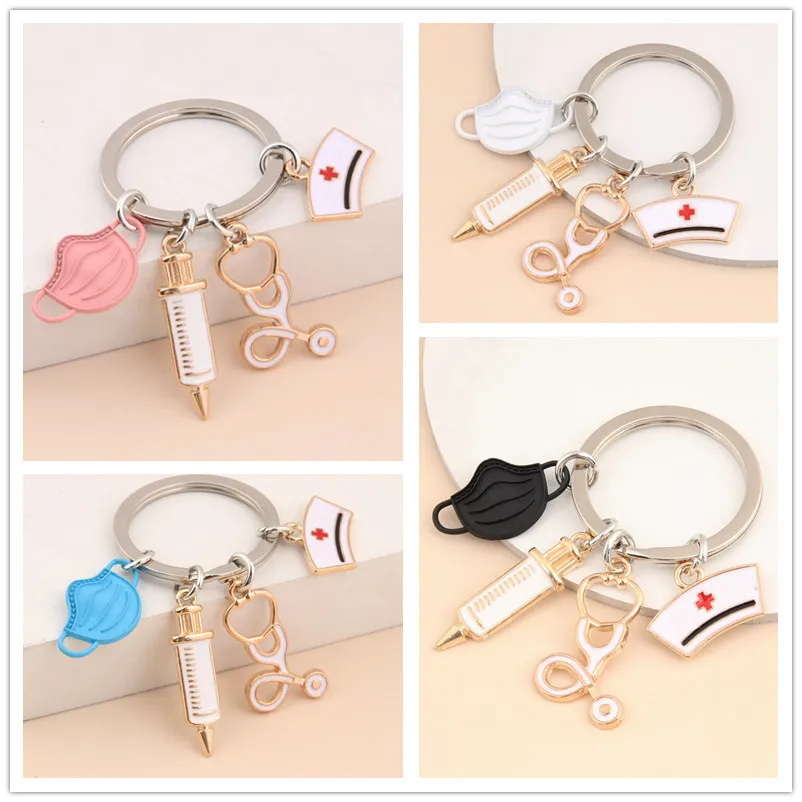 

New Doctor Keychain Medical Tool Key Ring Injection Syringe Stethoscope Nurse Cap Key Chain Medico Gift DIY Jewelry Handmade