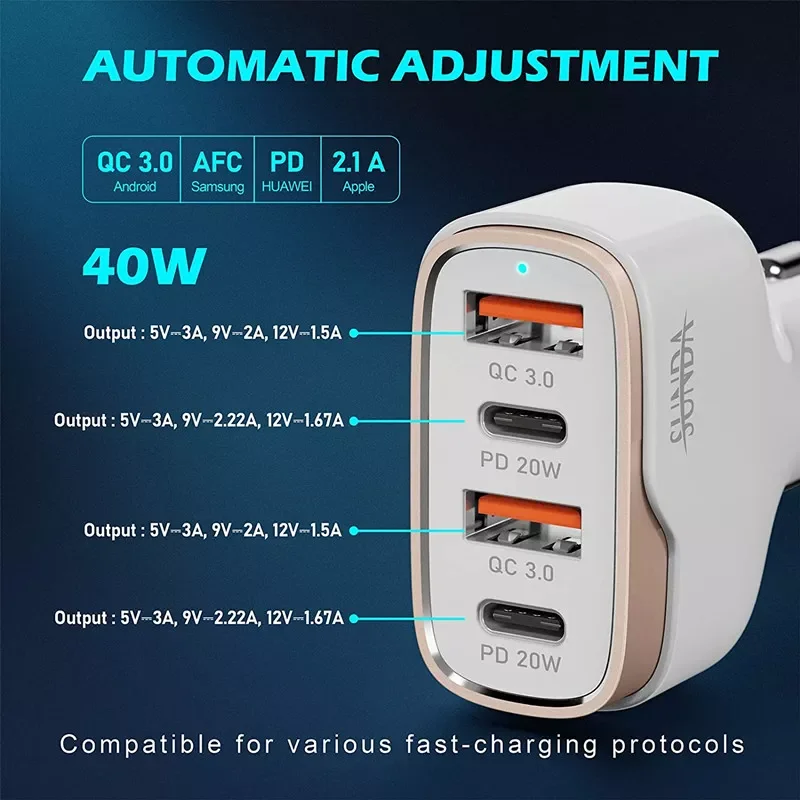 

USB C Fast Car Charger 4 Ports Car Charger Adapter Dual Type C PD 20W for IPhone12 11 Pro Max Galaxy Note20