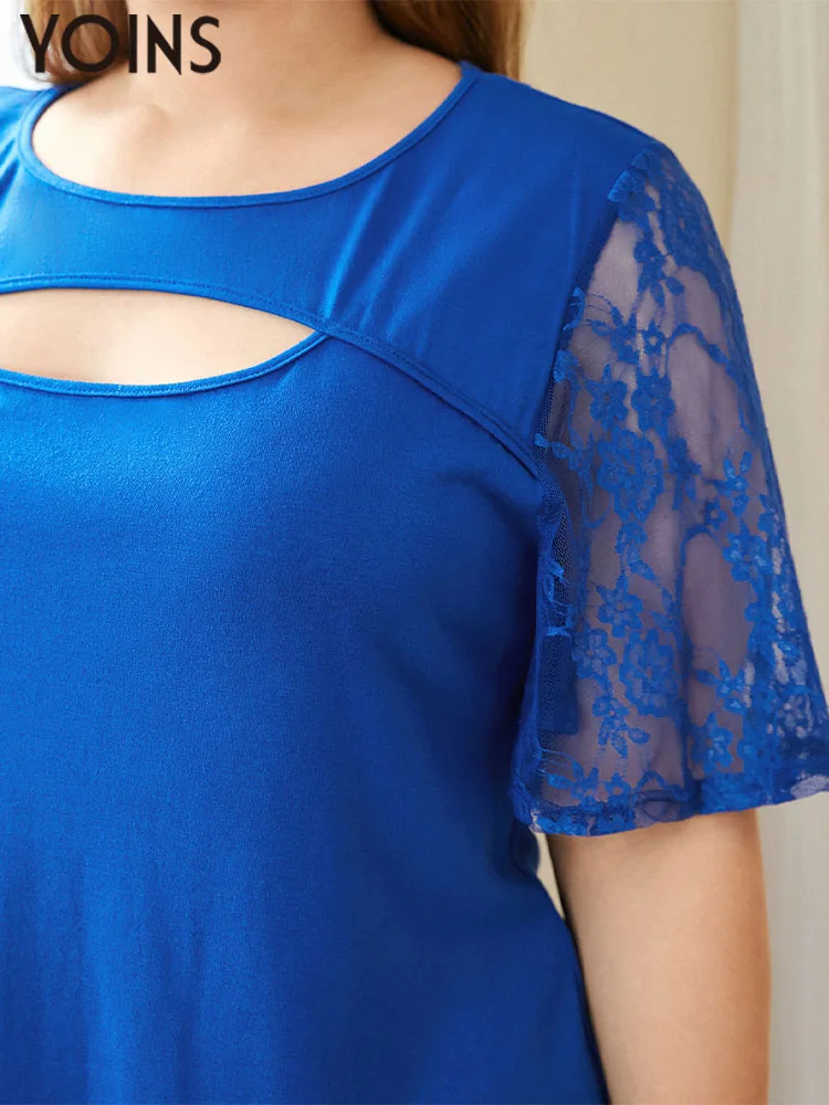 YOINS Sexy Hollow Out Tunic Tops 2022 Summer Women's Short Sleeve Lace Patchwork Blouses Plus Size Casual Solid Blusas Femininas