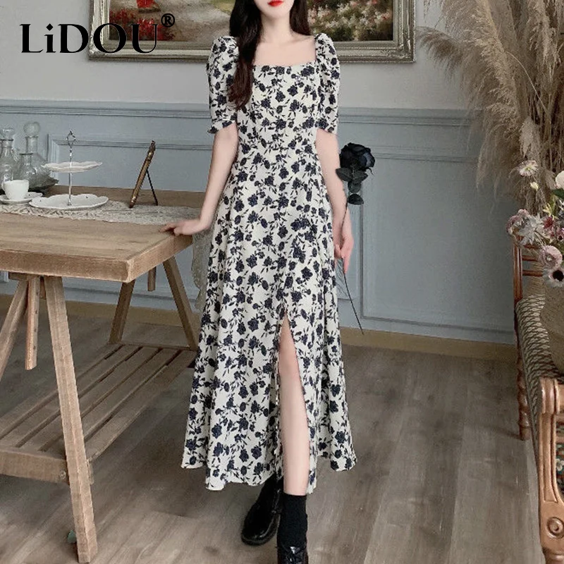 

Summer Rose Floral Print Waist Robe Femme Temperament Fashion Chic Long Dress Women Elegant Aesthetic Casual Vestidos De Fiesta