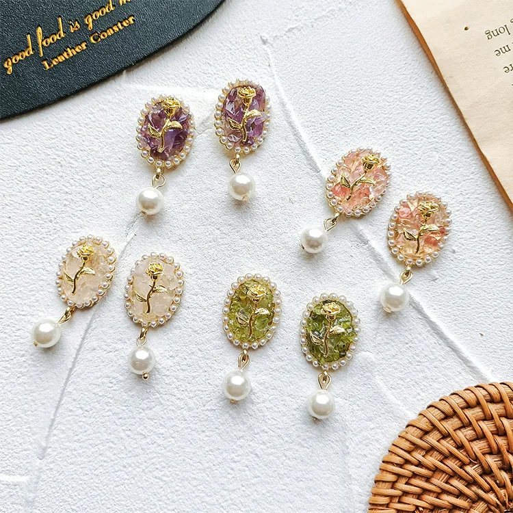 

S925 Silvery Purple Rhinestone Rose Pearl Vintage Temperament Ear Stud Luxury Jewelry Elegant Jewelry Pendientes Aretes de Mujer