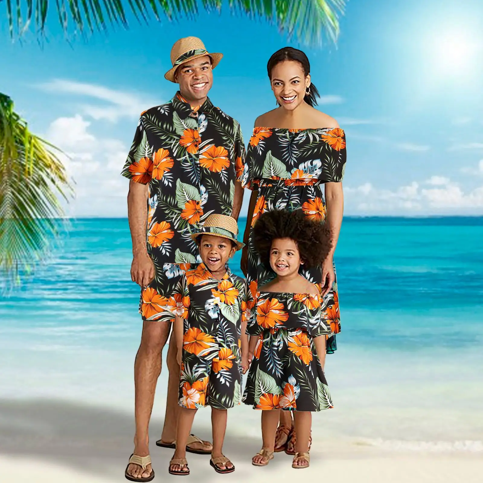 

2023 Mother Daughter Dad Son Family Matching Outfits Holiday Dress Shirts and Shorts Sets Casual Floral Leaf Print Family Look