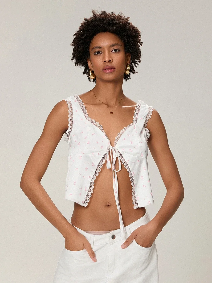 Женские укороченные топы с кружевной отделкой и цветочным принтом на бретелях
