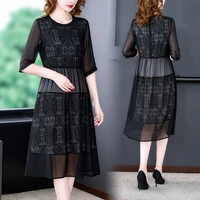 2022 new style temperament black embroidery large dress three quarter sleeve elegant dress middle aged mother