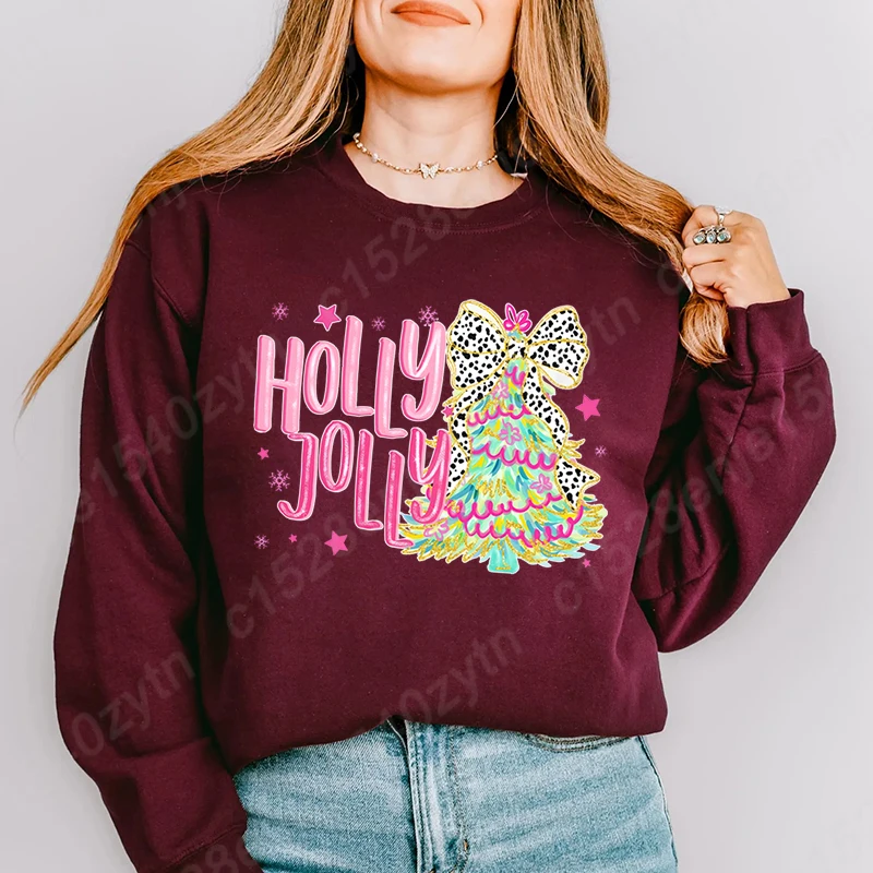 Christmas Tree Bow Holly Jolly Print Hoodless Sweatshirt Women Fall &amp Winter Fashion Pure Color Pullover Ladies O Neck Pullovers