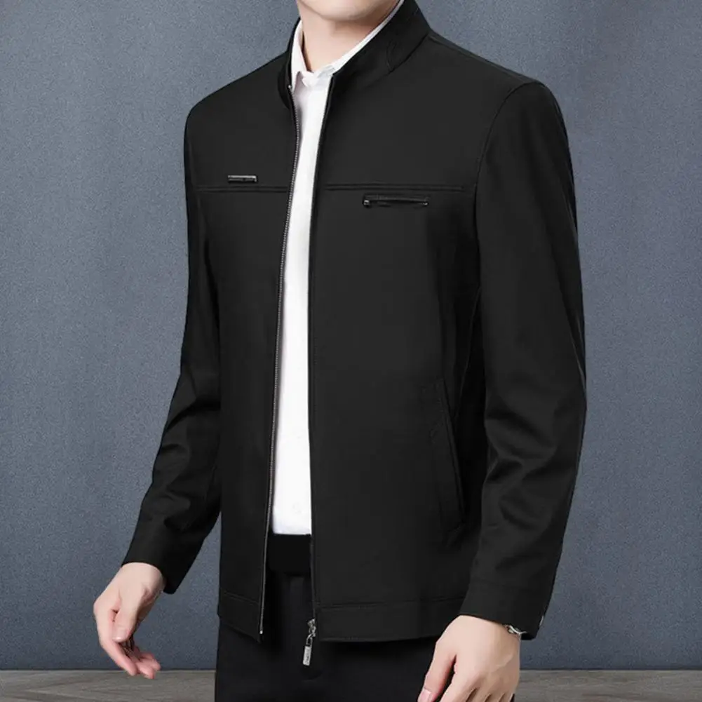 

Men Outerwear Mid-aged Father Jacket Stylish Stand Collar Coat with Smooth Zipper Closure Business Style Pockets for Warmth