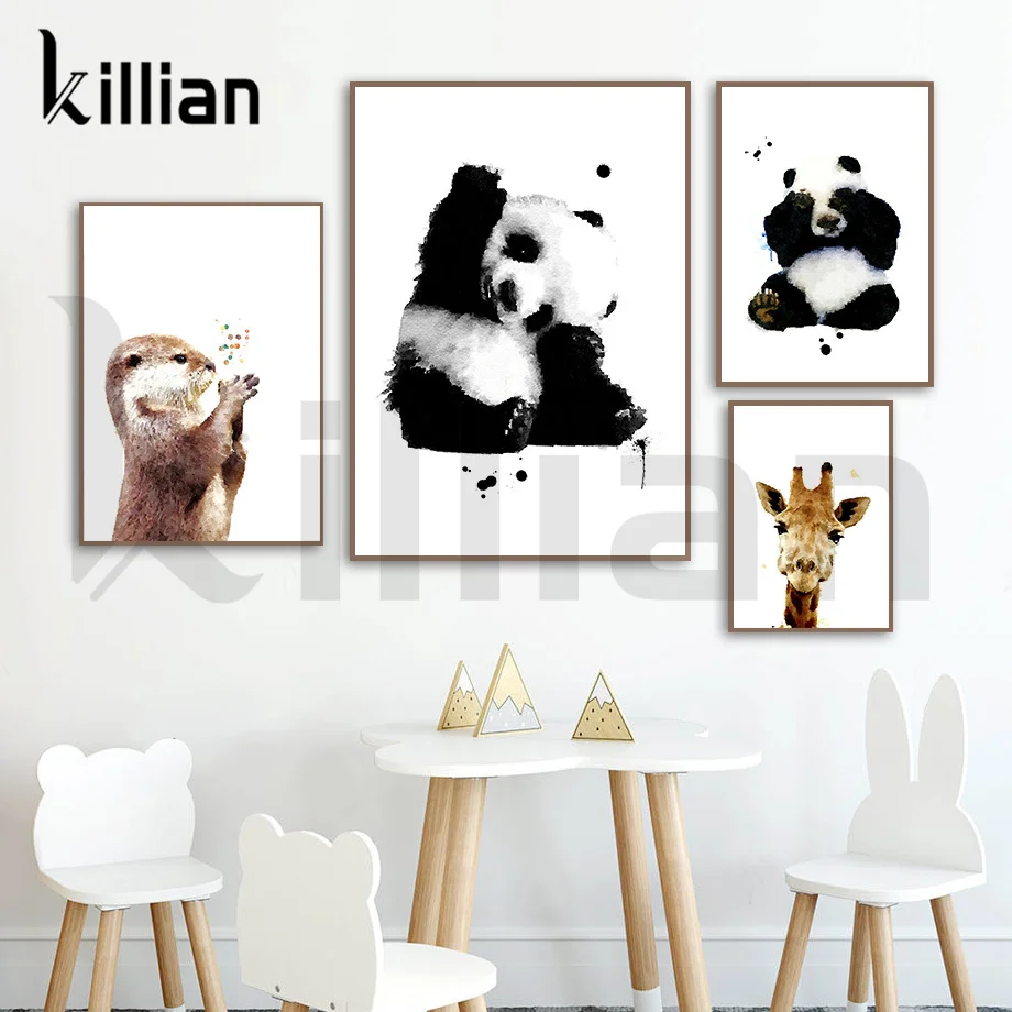

Hand Drawing Animals Nursery Canvas Painting Panda Alpaca Flamingo Cartoon Wall Art Posters Prints for Baby Kids Bedroom Decor