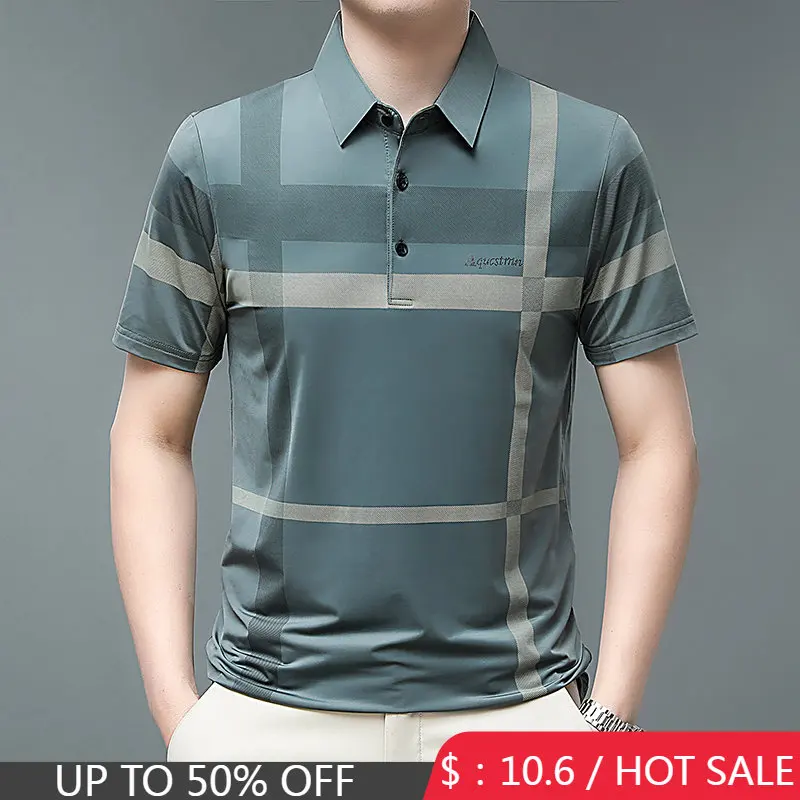 

New Men's Polo Shirt Summer Short Sleeve Black T-shirt Striped Printing Button Loose Business Casual Korea Fashion Tops футболка
