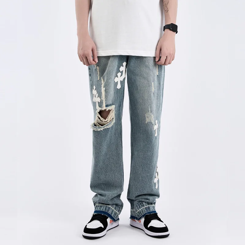 Four Seasons Men's Trousers Cross Pu Patch VIBE Trend Hole Loose Straight Mop Denim Trousers Fashion Streetwear Ins Hot Sale