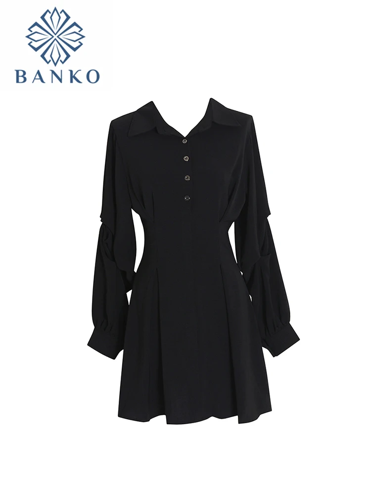 

2022 New Autumn Women Party Long Black Sleeve Lapel Shirt Dress Elegant Mini Frocks Robe Prom Simple Korean Fashion Solid Color